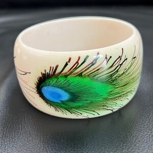 VINTAGE Peacock Feather Cuff Bangle Bracelet Statement Piece Artsy Chic Glamour